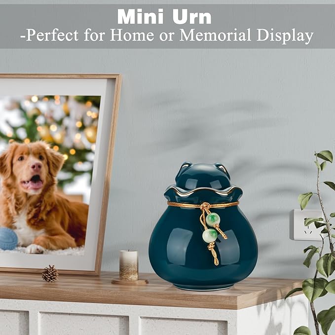 SOITIS Engraving Pet Memorial Urn for Cat or Dog Ashes - 3.54"x3.15" Elegant Ceramic Keepsake Holder with Cat-Shaped Lid & Gold Trim, Small Green Urn for Pet Ashes