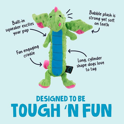 goDog Bubble Plush Skinny Dragons Squeaky Plush Dog Toy, Chew Guard Technology - Green, Large