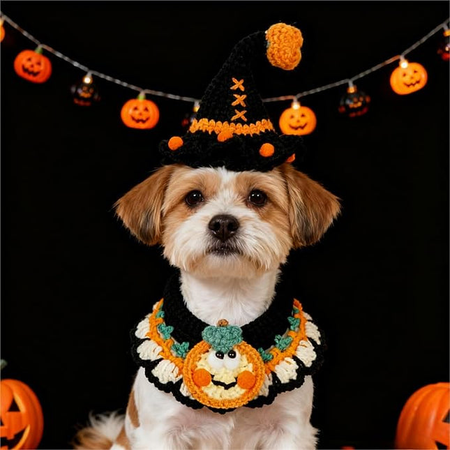Halloween Dog Costume – Handmade Black Witch Hat & Cute Pumpkin Bandana, Adjustable Cat Outfit for Cats & Small Dogs, Lightweight & Breathable, Festive Pet Accessories
