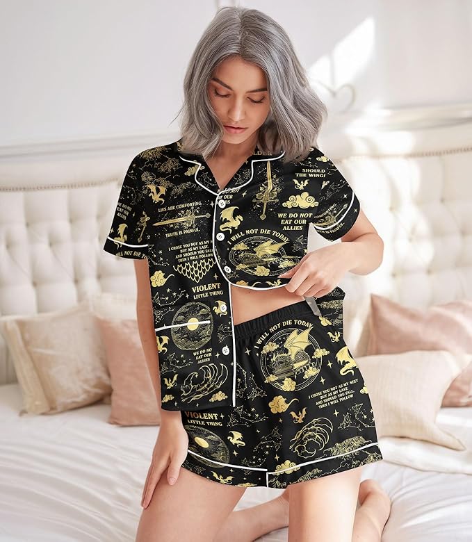 Women’s Silk Satin Pajama Set, Short Sleeve Button Down 2 Piece PJs with Shorts, Cozy Loungewear & Matching Holiday Pajamas