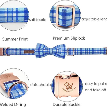 Elegant Little Tail Blue Plaid Dog Collar with Soft Adjustable Bow and Metal Buckle for Small Dogs
