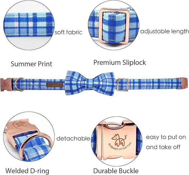 Elegant Little Tail Blue Plaid Dog Collar with Soft Adjustable Bow and Metal Buckle for Small Dogs