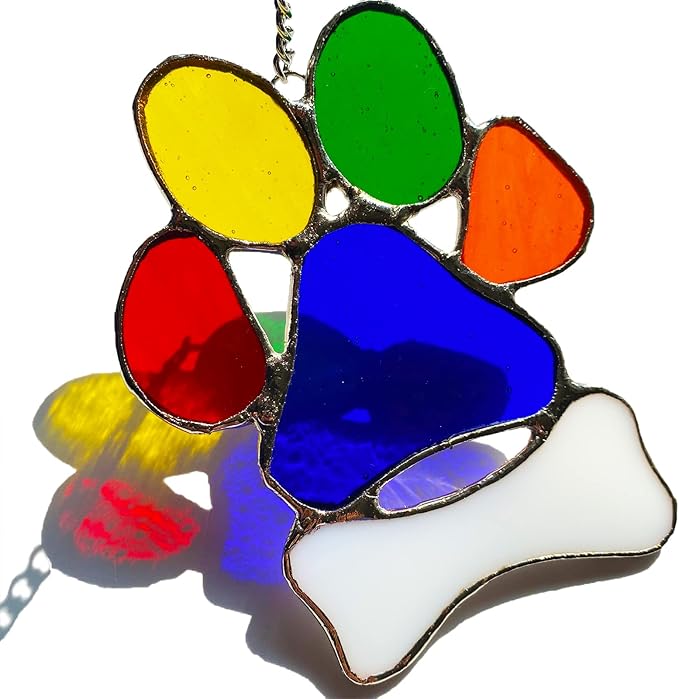 Rainbow Bridge Dog Memorial Gifts Suncatcher for Window, Stained Glass Window Hanging Pet Paw Print Ornament, Pet Memorial Gifts for Dogs & Cats Lovers, Dog Loss Sympathy Gift