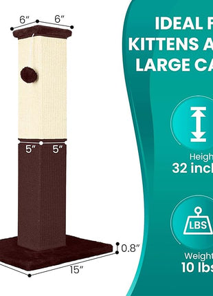 Cat Scratching Post, 32 Inch Cat Scratching Post for Large Cats, Cat Scratcher with Nature Sisal, Cat Scratch Post for Indoor Large Cats and Kitten, Brown