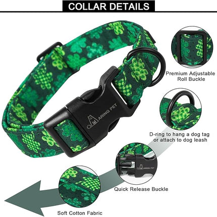 ARING PET St Patrick's Day Dog Collar-Cute Clovers Dog Collar, Adjustable Cotton Shamrock Pet Collar Trefoil Puppy Collars with Quick Release Buckle