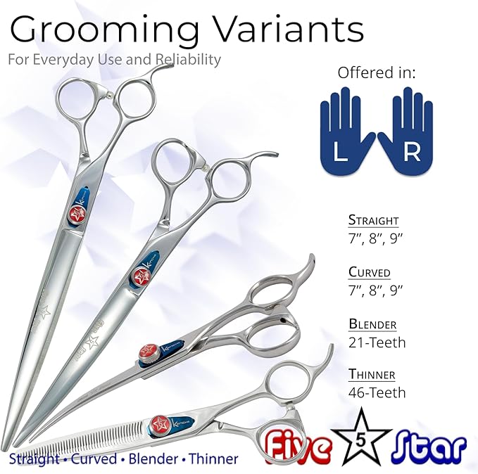 Kenchii Five Star Offset Handle Professional Dog Grooming Shears, 9 Inch Straight Shears, Light Weight, Heavy Duty Pet Grooming Scissor for Dogs, Cats