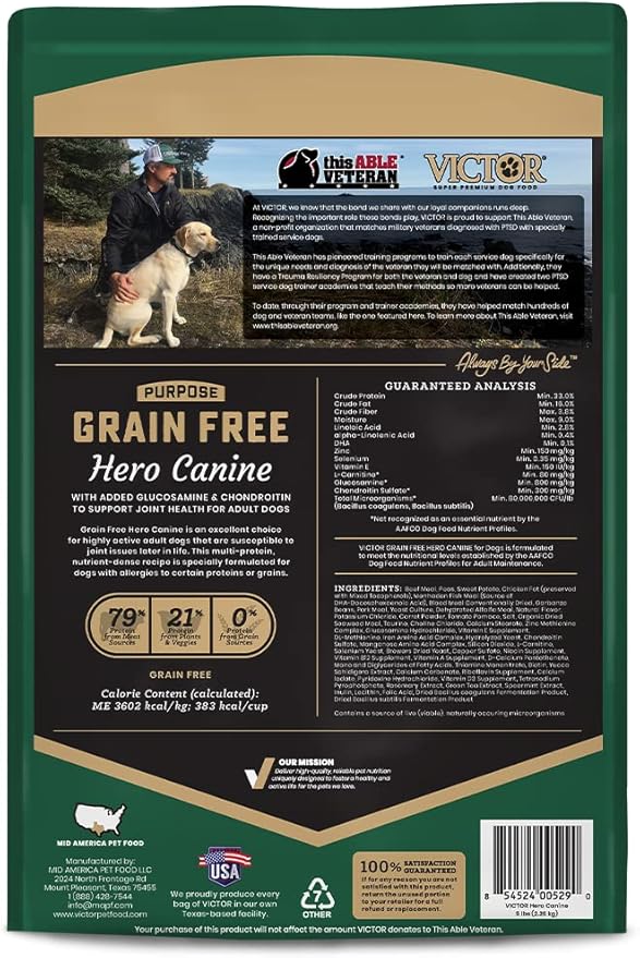 VICTOR Super Premium Dog Food – Purpose Hero Canine Kibble – Premium Gluten Free Dog Food for Active Adult Dogs – High Protein with Glucosamine and Chondroitin for Hip and Joint Health, 5lbs
