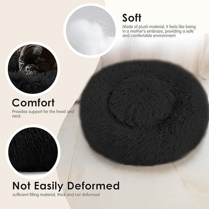 Dogs Bed for Small Dogs, Anti-Anxiety Washable Round Bed (Black, 24.0" L x 24.0" W x 8.0" Th)