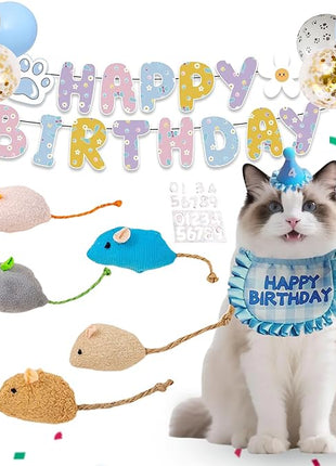 Cat Birthday Supplies,Outfit Bandana,Party Hat with Number,Catnip Mice Toy,Decoration Bundle with Banner,Ballons,Gift Set for Boy&Girl Kitten-Blue