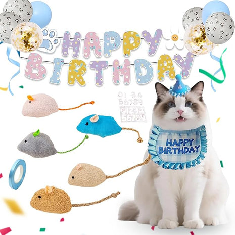 Cat Birthday Supplies,Outfit Bandana,Party Hat with Number,Catnip Mice Toy,Decoration Bundle with Banner,Ballons,Gift Set for Boy&Girl Kitten-Blue
