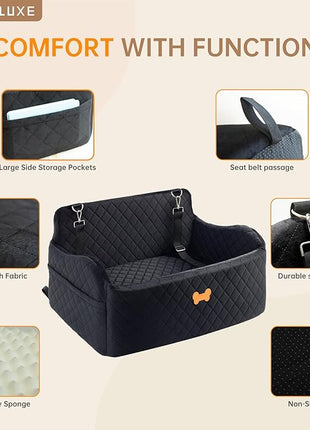 Car Seat for Large Size Dog, Booster Seat for Dogs Under 55 lbs or 2 Small Dogs, Soft Car Dog Bed Filling in Thick Memory Foam with 2 Safety Leashes and Storage Pocket (Black)