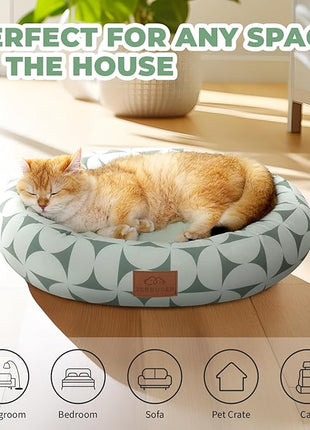 Cat Bed, 20In Dog Beds for Small Dogs, Calming Cat & Dog Beds for Indoor Pets, Pet Beds Comfortable Donut Round Ultra Soft (Green Pattern, 20.0" L x 20.0" W x 6.5" Th)