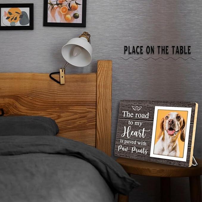 Pet Picture Frame, Pet Wooden Photo Frames Gift, Gifts for Dog Dad Mom, Dog Lovers Gift, Picture Frame for Dogs Cat Pets that Passed, The Road To My Heart Is Paved With Paw Prints, 4x6Inch Photo