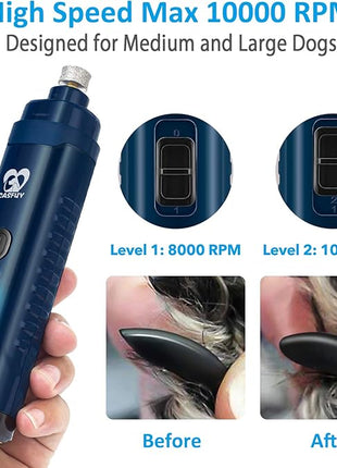Casfuy Dog Nail Grinder with 2 LED Light - 4.8V Super Powerful 2-Speed Electric Pet Nail Trimmer for Medium Large Dogs Quiet Rechargeable Painless Paws Grooming & Smoothing Tool (Dark Blue)