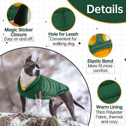 Lelepet Reversible Dog Coat Waterproof Dog Jacket Windproof Puffer Vest for Winter Warm Lightweight Coats for Large Dogs Adjustbale Hook & Loop Pet Apparel with Leash Hole, Pitbull, Green, XL
