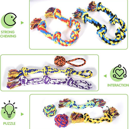 Large Tough Chew Toys for Aggressive Chewers Large Breed,Heavy Duty Dental Rope Toys Kit for Medium Dogs,5 Knots Indestructible Cotton Puppy Teething Chew Tug Toy Set of 9