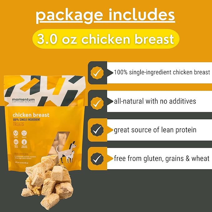 Momentum Carnivore Nutrition Freeze-Dried Chicken Breast Dog Treats – Single-Ingredient, Dog & Cat Treats – High-Protein, Grain-Free– 3 oz Bag