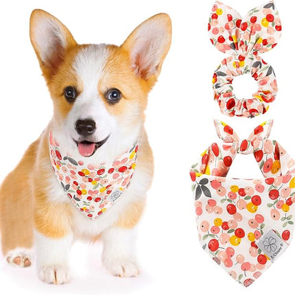 E-Clover Pink Floral Dog Bandanas & Matching Scrunchie Set Cute Dog Scarf Bibs Pet Bandana with Bow Tie for Medium Large Dogs Owner Mom Spring Summer