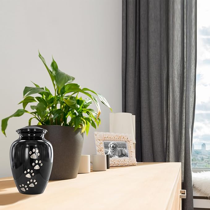 Trupoint Memorials Small Pet Urn for Dogs and Cats Ashes, Paws Print Black Cremation Urns for Pets up to 17 lbs