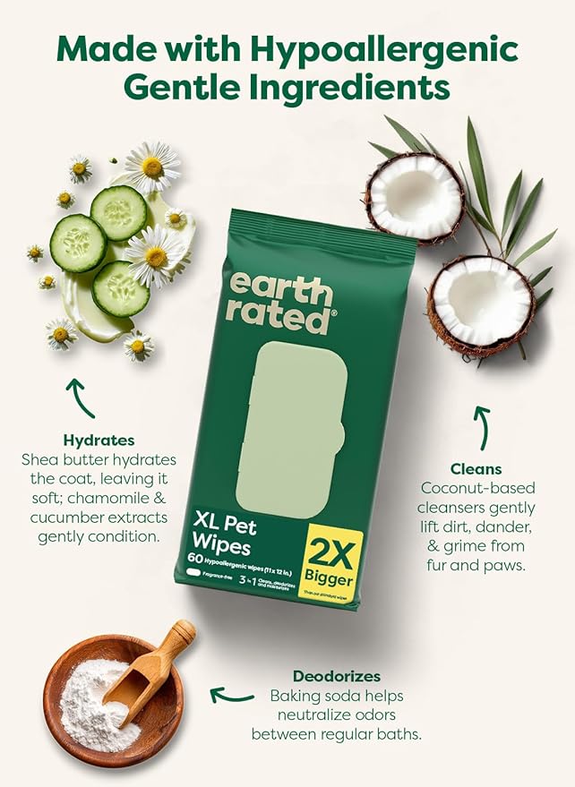 Earth Rated XL Pet Wipes for Dogs & Cats, 3-in-1 Unscented Hypoallergenic Cleaning, Deodorizing and Hydrating Extra Large Grooming for Body, Paws and Butt, Unscented, 60 Count