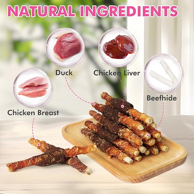 Dog Treats, Triple Flavor Rawhide Sticks, Chicken Duck and Chicken Liver Wrapped Rawhide Dog Chews, Suitable for Medium and Small Dogs, 21.16 oz