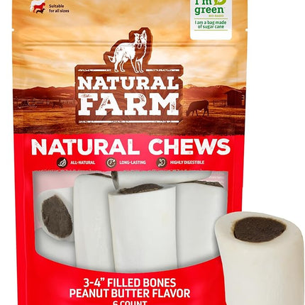 Natural Farm Peanut Butter Filled Bones (3-4 Inch, 6 Count), Limited Ingredient, Natural Stuffed Dental Dog Bone Treats for Dogs, Made with Real Beef