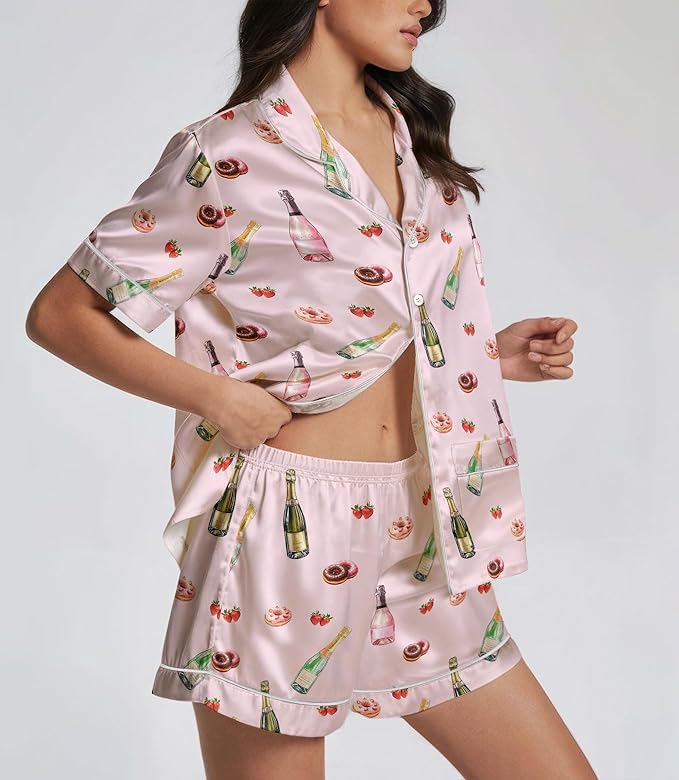 Women’s Silk Satin Pajama Set, Short Sleeve Button Down 2 Piece PJs with Shorts, Cozy Loungewear & Matching Holiday Pajamas