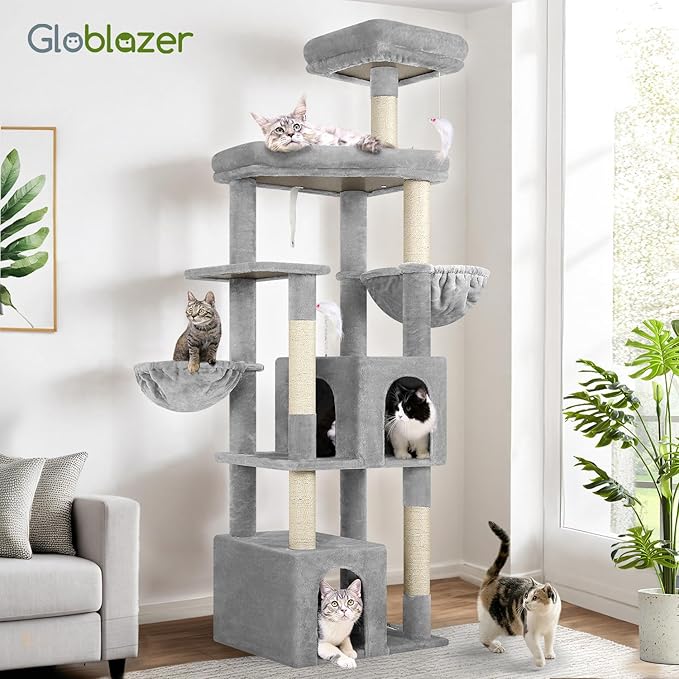 Globlazer Sturdy Cat Tree, 68-inch Large Cat Tower for Indoor Adult Cats 20 lbs Heavy Duty Cat Tree for Big Cats with Extra Large Platform, 5 Scratching Post, S68, Cloud Grey