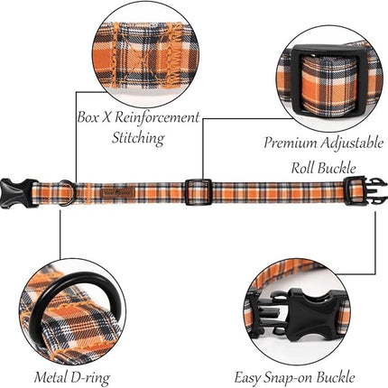 Lionet Paws Fall Halloween Dog Collar with Black Orange Grid, Cotton Thanksgiving Bowtie Collar, Light Adjustable Collars for Small Medium Large Dogs