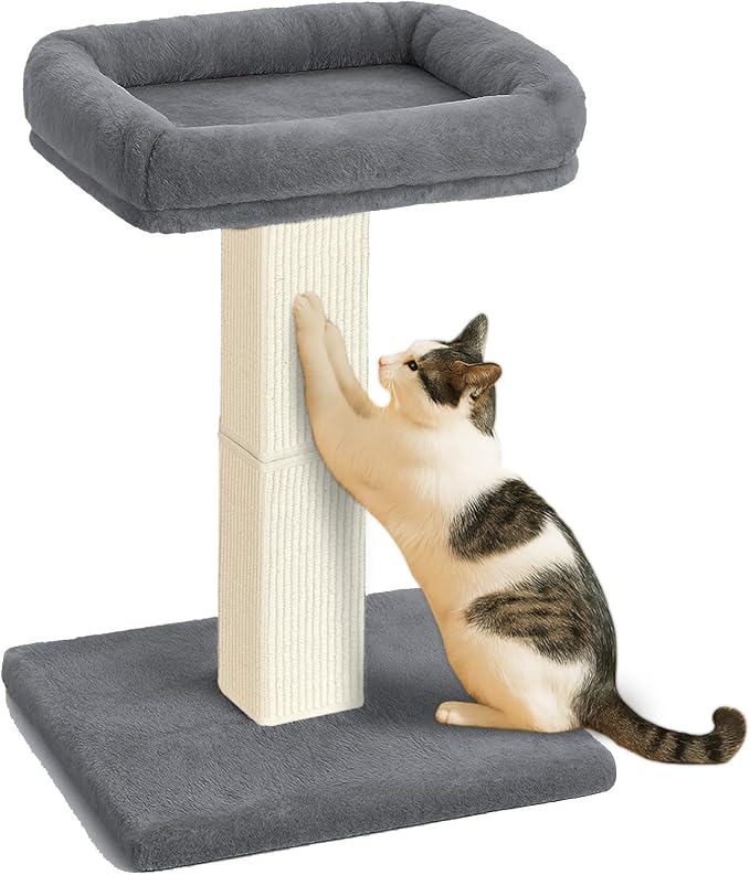 AGYM Cat Scratching Post, 32”Cat Scratcher with Large Plush Perch, Sisal & Carpet Scratching Post, Vertical Posts with Elevated Bed for Indoor Cats, Removable& Washable Cover, Grey