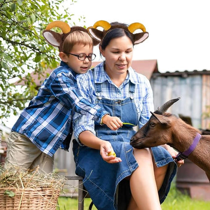Beviliu Goat Ears Headband with Ram Horns, Animals Ears and Horns Headband, Sheep Ears Custome Lamb Ears Headwear for Halloween Christmas Birthday Party Theme Cosplay, Brown, 1Pack