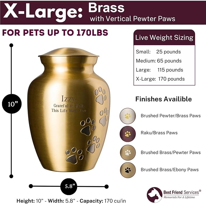 Ottillie Paws Elite Series Personalized Pet Urn for Dogs and Cats - Pet Memorial Urns with Custom Engraving (Brass, Vertical, Pewter, X-Large)