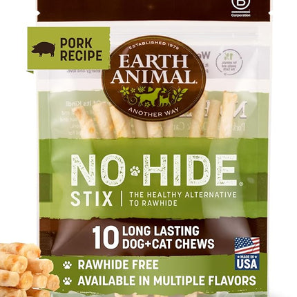 Earth Animal No Hide Stix - Long Lasting Rawhide Free Small Dog Chews Sticks, Pork - 10 Count
