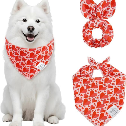 E-Clover Valentines Heart Dog Bandanas & Matching Scrunchie Set Cute Girl Dog Scarf Bibs Pet Bandana with Bow Tie for Medium Large Dogs Owner Mom Red Pink