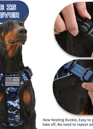 BUMBIN Tactical Dog Harness for Large Dogs No Pull, Famous TIK Tok No Pull Puppy Harness, Fit Smart Reflective Pet Walking Harness for Training, Adjustable Dog Vest Harness with Handle Blue Camo L