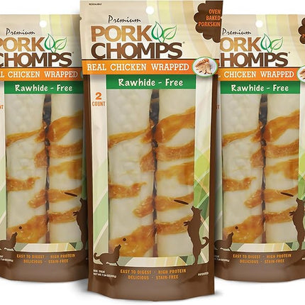 Pork Chomps Baked Pork Skin Dog Chews, 8-inch Rolls, Real Chicken Wrap, 2 Count (Pack of 3)