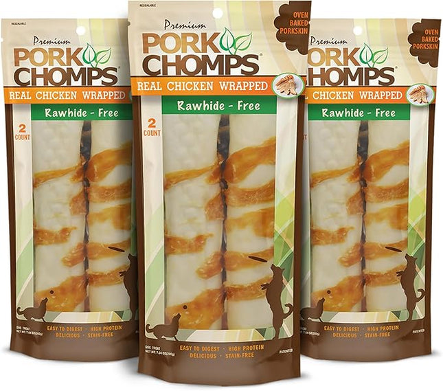 Pork Chomps Baked Pork Skin Dog Chews, 8-inch Rolls, Real Chicken Wrap, 2 Count (Pack of 3)