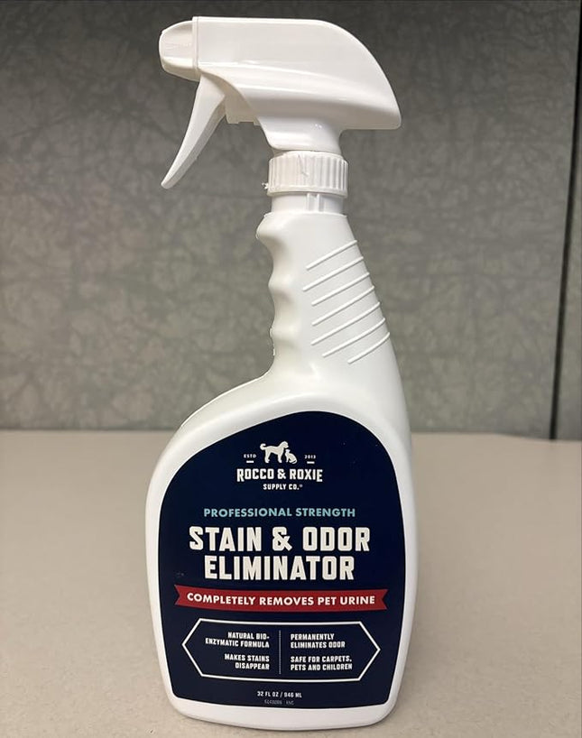 Rocco & Roxie Supply Co. Stain & Strong Odor Eliminator, Enzyme Cleaner, Pet Odor Eliminator for Home - Carpet Stain Remover for Cats & Dog Pee - Urine Destroyer - Carpet Cleaner Spray Clear, 32 Fl Oz