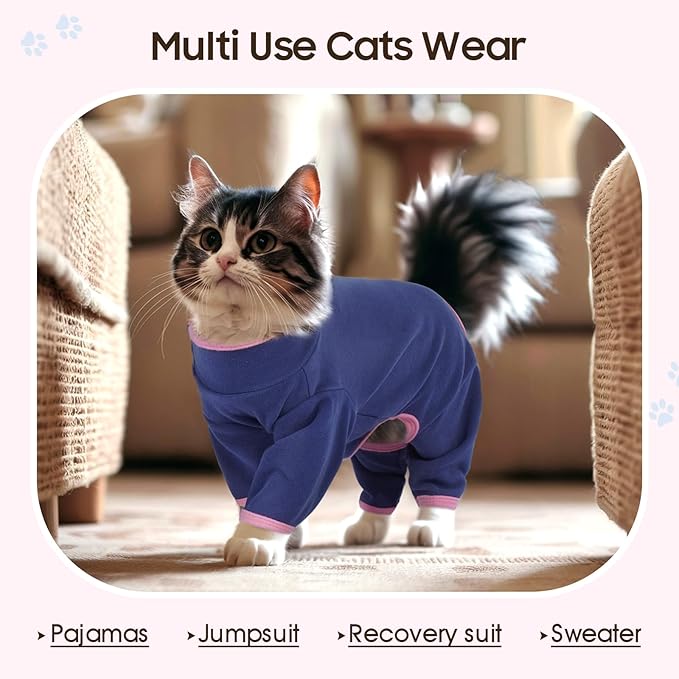 DENTRUN Cat Clothes for Hair Control with Hair Sticky Fabric - Soft Recovery Suit & Breathable Lint-Resistant Cat Sweater for Cats Only, Kitten Onesie Pajamas, XS, Blue