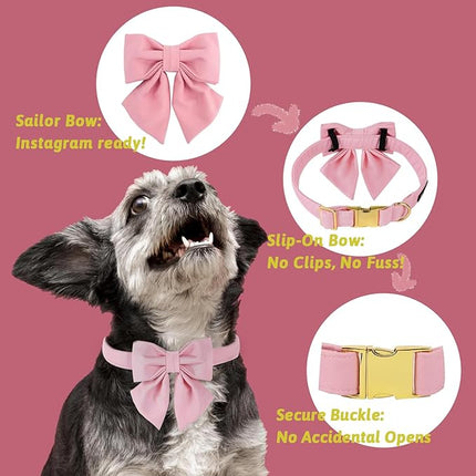 Maca Bates Cherry Pink Dog Collar with Cute Solid Sailor Bow Tie for Large Girl Boy Dogs,Girly Adjustbale Durable Breakaway Soft Collars with Bowtie for Female Male Puppy,Pet with Metal Buckle
