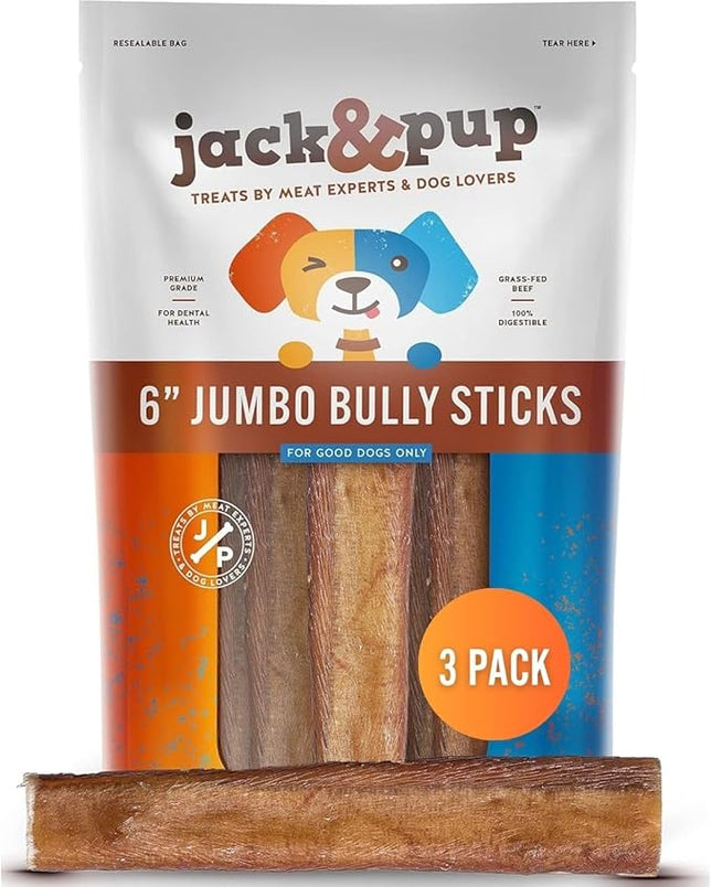 Jack&Pup 6 Inch Jumbo Bully Sticks for Dogs (3 Pack) Single Ingredient Dog Bully Sticks for Large Dogs and Aggressive Chewers