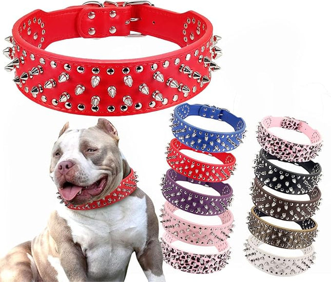 Hoot PU Leather Adjustable Spiked Studded Dog Collar 2" Wide 31 Spikes (S(Neck 17"-20"), Red)