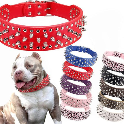 Hoot PU Leather Adjustable Spiked Studded Dog Collar 2" Wide 25 Spikes (XS(Neck 15"-18"), Red)