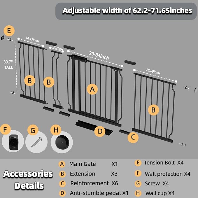 62.2"-71.65" Extra Wide Auto Closing Baby Safety Gate for Stairs & Doorways, Pressure Mounted No Drill Pet Gate with Walk-Through Door - Heavy Duty Childproof Gate for Toddlers, Kids, Dogs (Black)