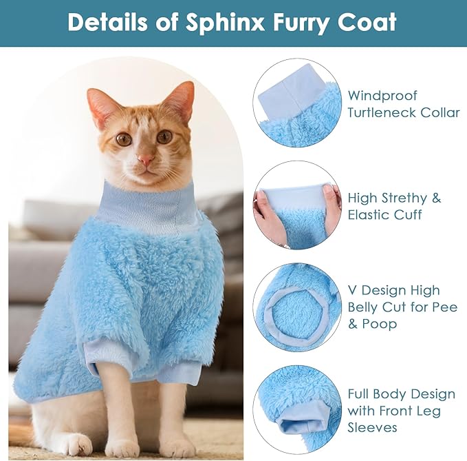 SUNFURA Sphynx Cat Sweater, Hairless Cats Turtleneck Pullover Kitten Sweaters for Cats Only, Warm and Soft Cat Pajamas Shirt with Sleeves Pet Winter Clothes Fleece Jumpsuit for Puppy, Blue L