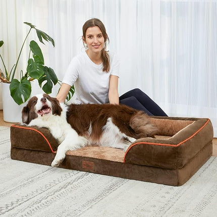 Comfort Expression Orthopedic Dog Bed for Large Dogs 38x25 Inch, Waterproof Supportive Egg Crate Foam Large Pet Bed with Removable Bolsters, Dog Couch with Washable Cover & Non-Slip Bottom, Brown