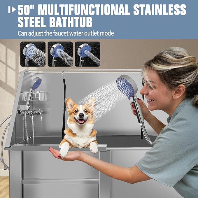Professional Stainless Steel Dog Grooming Tub W/Soap Box, Faucet,Rich Accessory, Bathtub For Multiple Pets, Washing Sink For Home