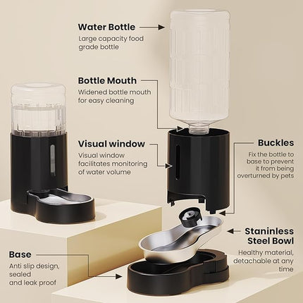 CZPET Dog Water Bowl Dispenser, 8L Automatic Dog and Cat Water Dispenser with Stainless Steel Bowl, Gravity Waterer, Large Capacity, and Quiet Drinking Area for Pets (8L,Black)