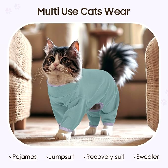 DENTRUN Cat Clothes for Hair Control with Hair Sticky Fabric - Soft Recovery Suit & Breathable Lint-Resistant Cat Sweater for Cats Only, Kitten Onesie Pajamas, S, Bean Green