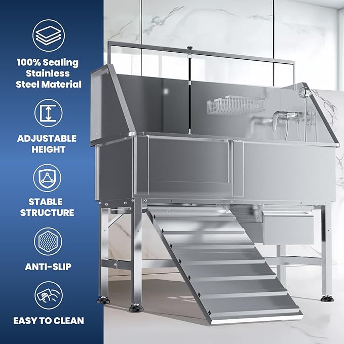 Dog Washing Station for Home,Professional 46" Stainless Steel Dog Bathing Station Height Adjustable Dog Wash Station Dog Grooming Tub Stair, Drawer, Floor Grate & Fauct (Left Ramp)